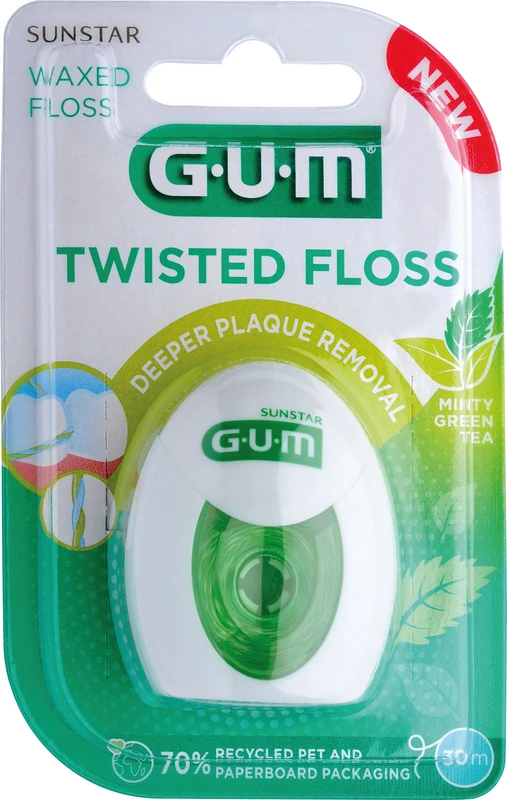 GUM® TWISTED FLOSS Packung 30 m, gewachst, Minze-Grüntee-Geschmack