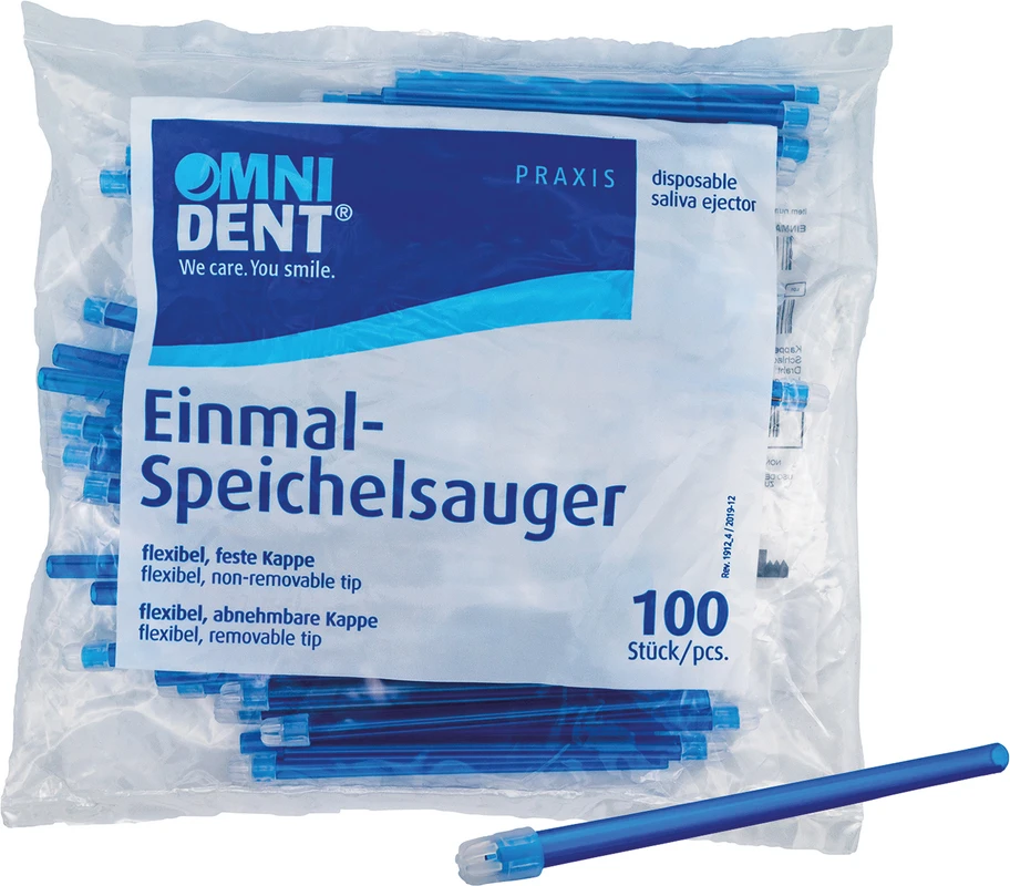 Omni Speichelsauger Packung 100 Stück feste Kappe blau