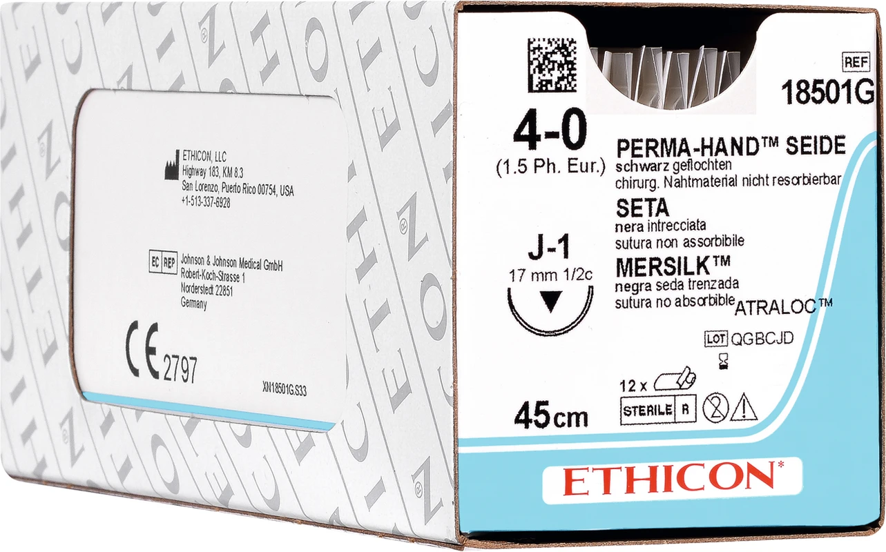PERMA-HAND SEIDE Packung 12 Stück schwarz, 45 cm, DA VB, Asymptotisch, Rundkörper, schneidend, 26 mm USP 3/0