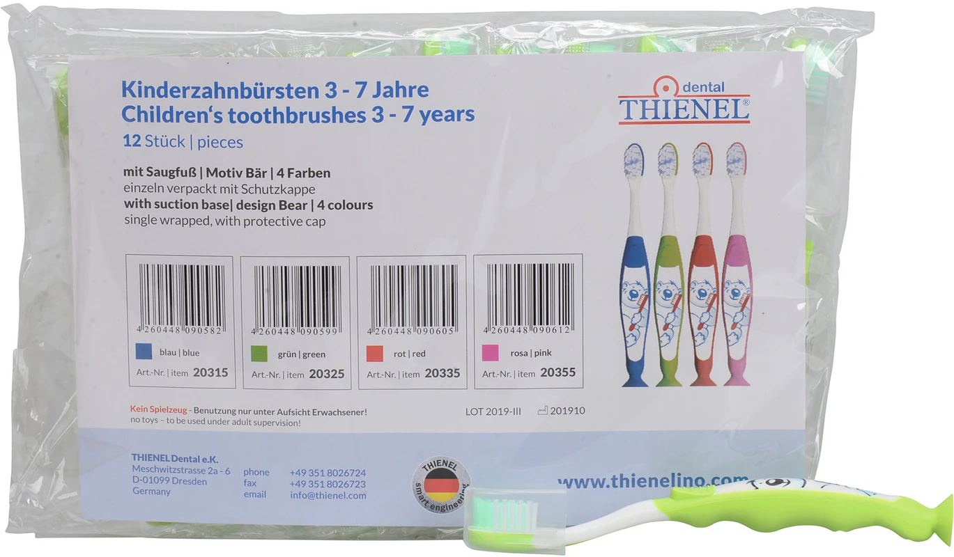 Kinderzahnbürste mit Saugfuss Packung 12 Stück Bär, grün