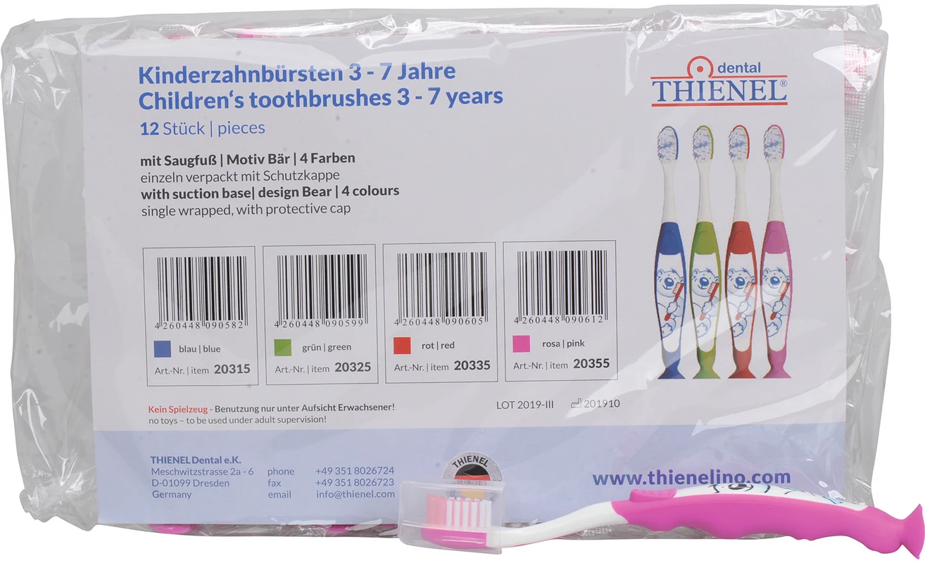 Kinderzahnbürste mit Saugfuss Packung 12 Stück Bär, pink