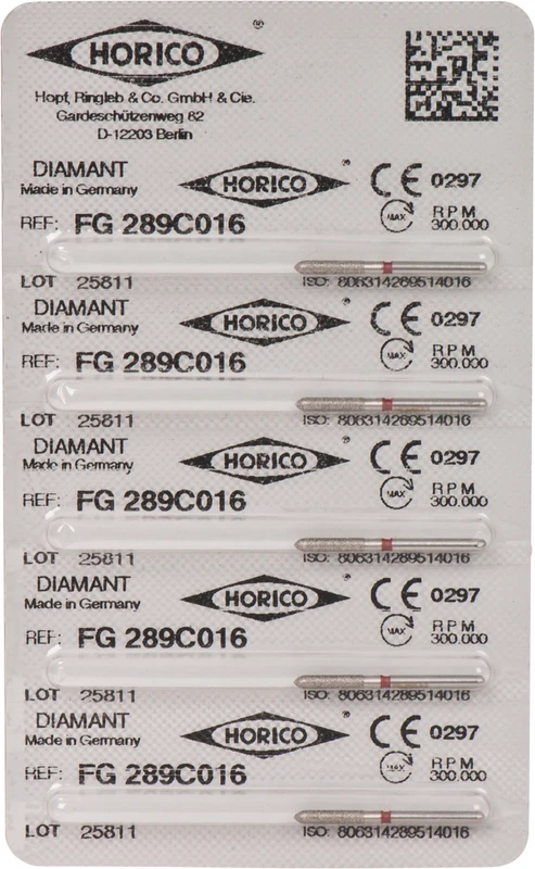Diamantschleifer 289 Packung 5 Stück rot fein, FG, Figur 289, 8 mm, ISO 016