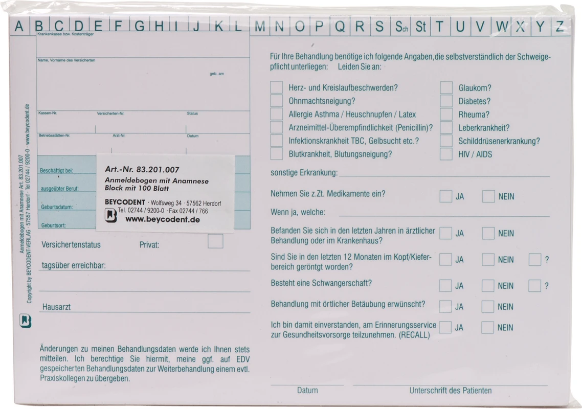 Anmeldebogen-Anamnesebogen A5 Stück 100 Blatt