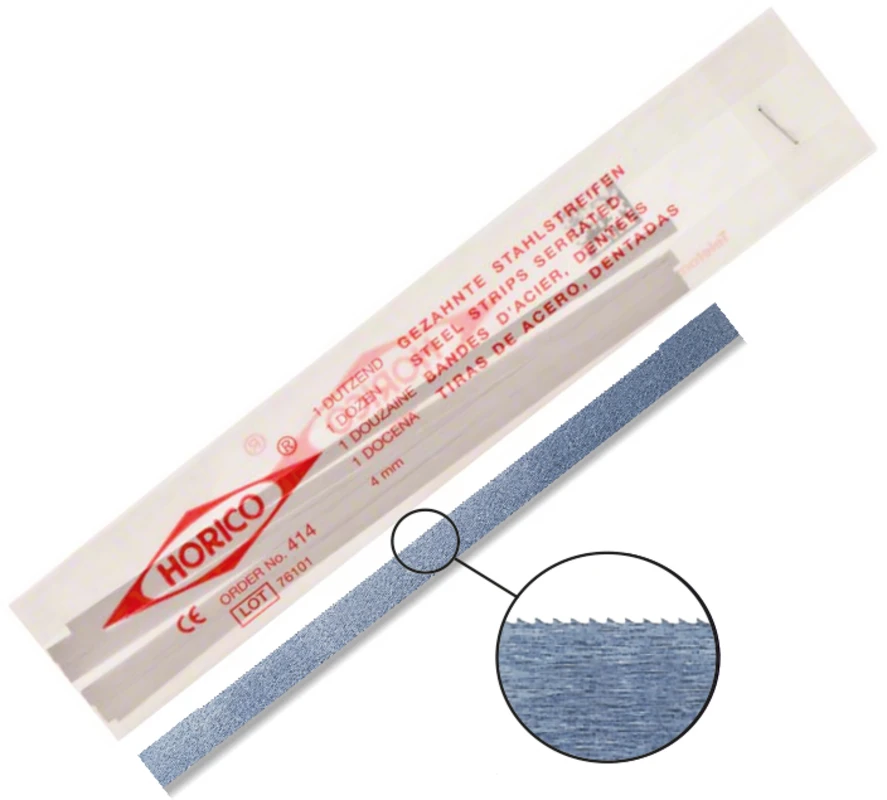 Einseitig gezahnte Stahlstreifen Packung 12 Stück 8 mm breit, Stärke 0,05 mm