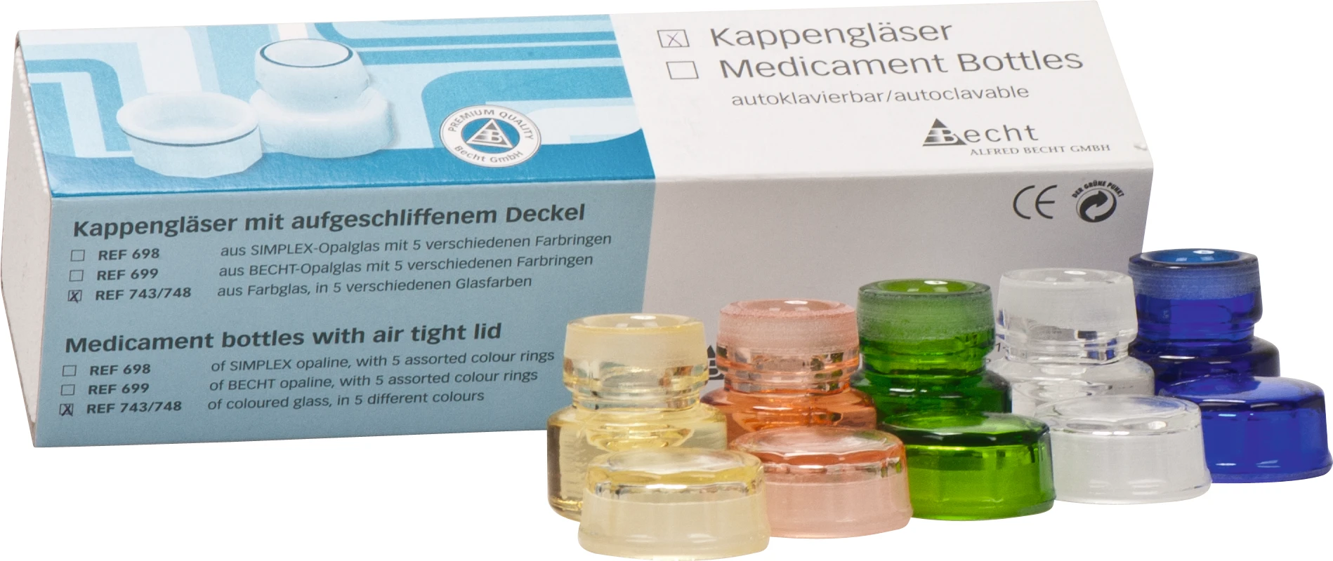Kappengläser aus Buntglas Sortiment 5 Stück sortiert (klar, gelb, rosalin, grün, blau)