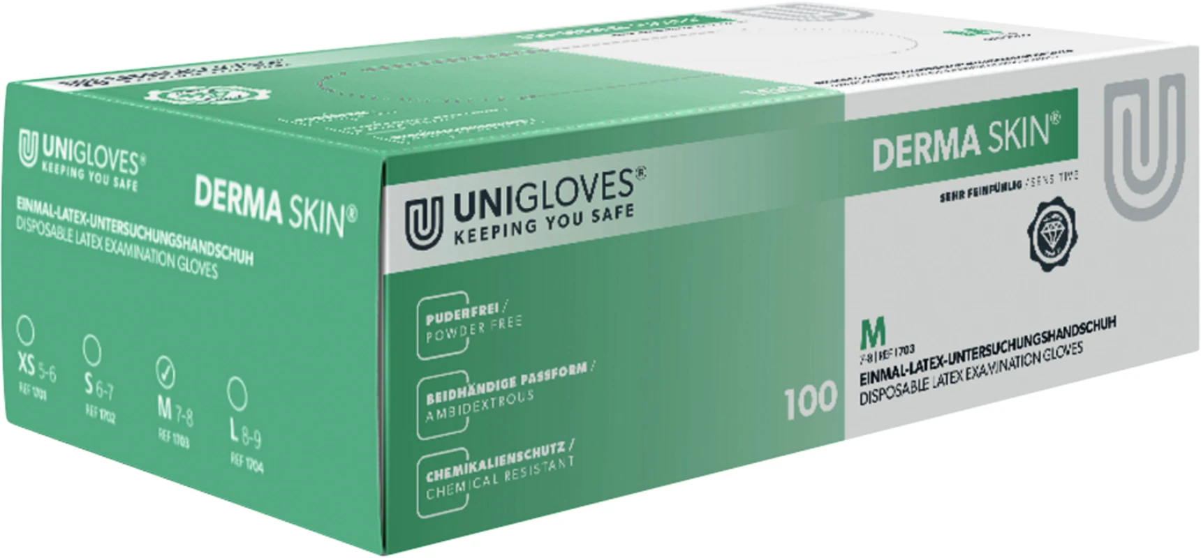 DERMA SKIN Latexhandschuhe Packung 100 Stück puderfrei, naturlatex, M