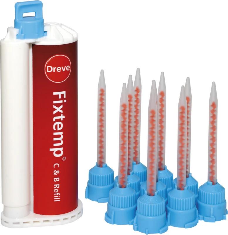 Fixtemp C&B 4:1 Packung 50 ml Doppelkartusche A2, 10 Mischkanülen hellblau