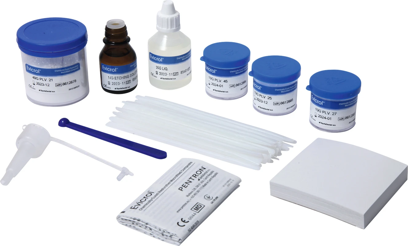 Evicrol™ Set 40 g Grundfarbton, 3 x 10 g Zusatzfarbtöne, 26 g Liquidum, 14 g Ätzlösung, Zubehör Evicrol™ Set 40 g Grundfarbton, 3 x 10 g Zusatzfarbtöne, 26 g Liquidum, 14 g Ätzlösung, Zubehör