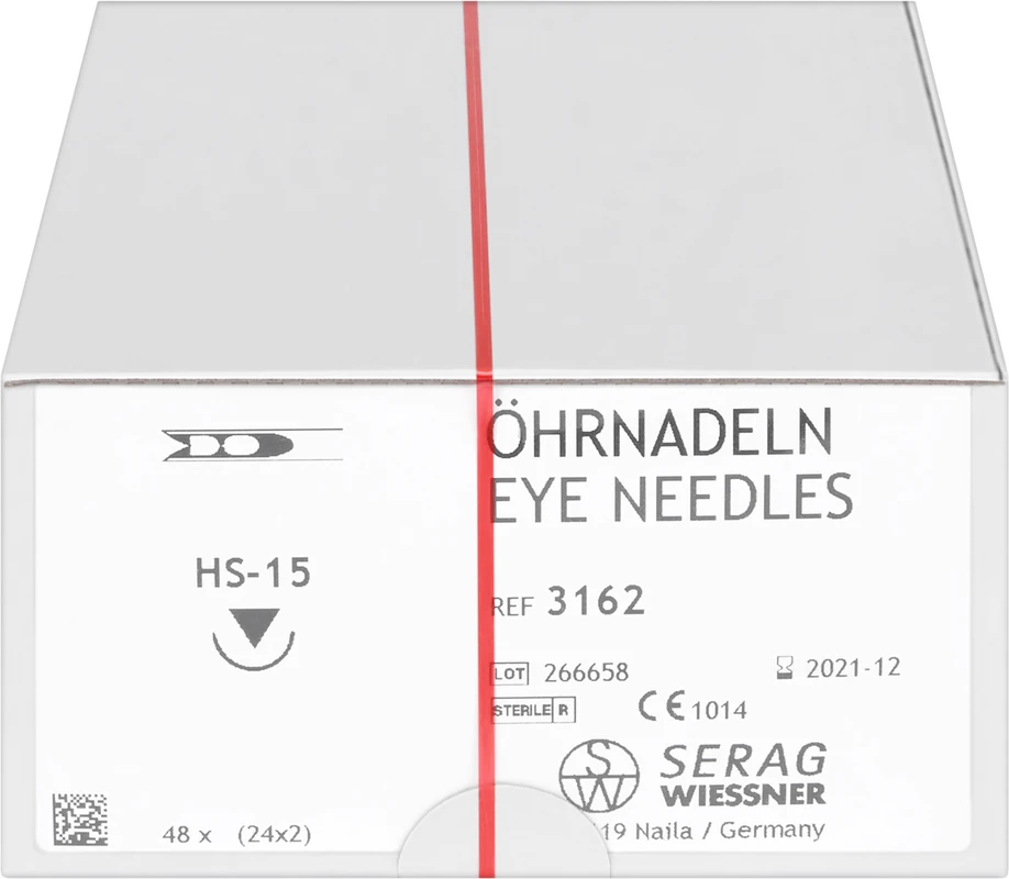 Federöhrnadeln Packung 24 Stück x 2 Nadeln HS-15, 1/2 Kreis, schneidender Nadelkörper, 15 mm
