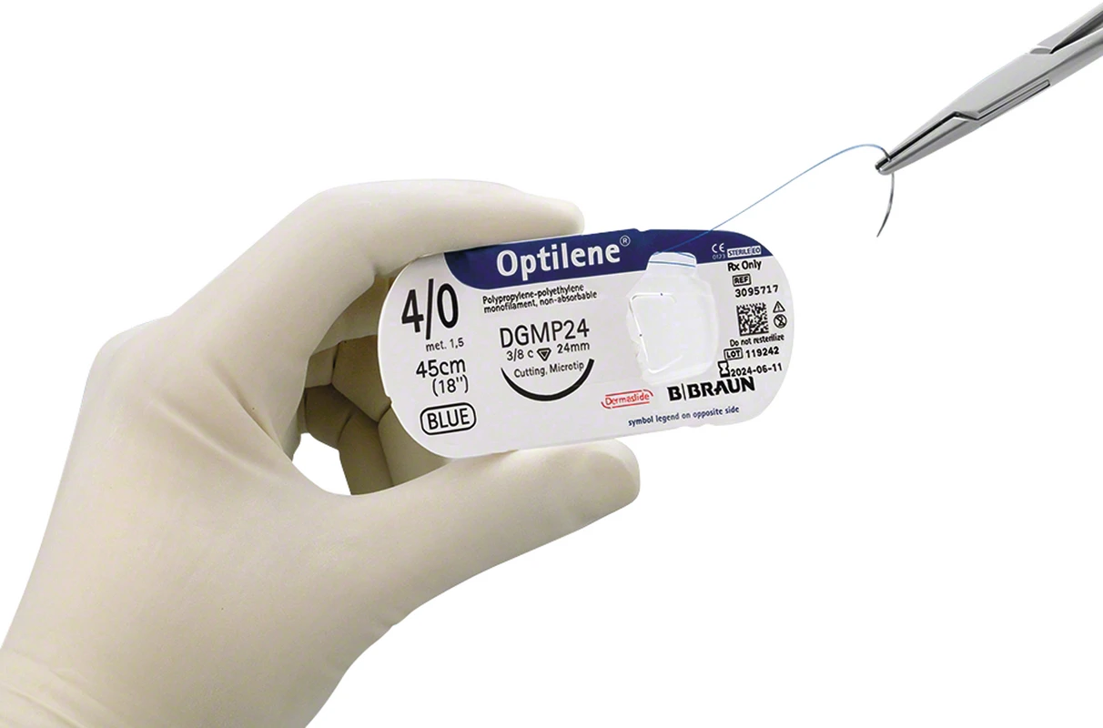 Optilene® Packung 12 Stück blau, 45 cm, DSMP16, 3/8 Kreis, schneidend, Mikropräzision, 16 mm, USP 5/0