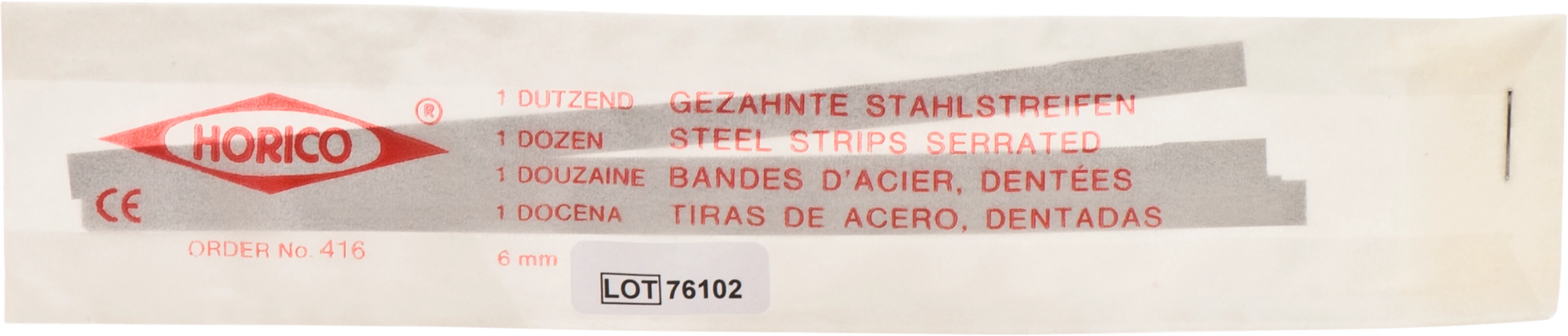 Einseitig gezahnte Stahlstreifen Packung 12 Stück 6 mm breit, Stärke 0,05 mm