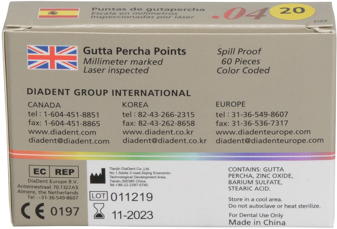 DiaDent® Dia-Pro Guttaperchaspitzen Packung 60 Stück Taper.04, ISO 020