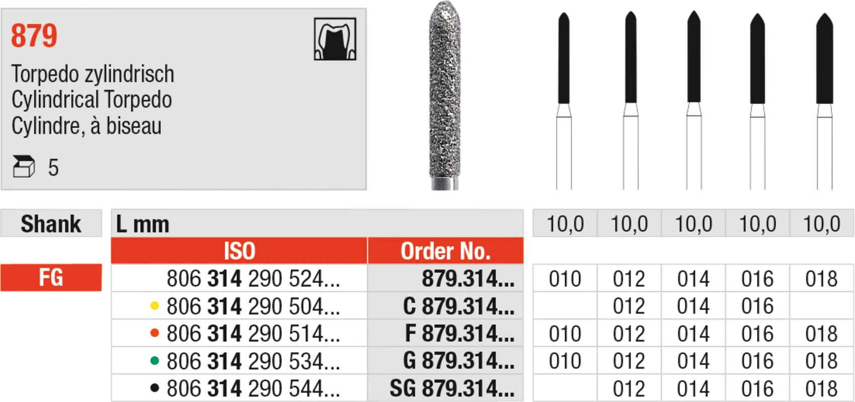 Diamanten 879 Packung 5 Stück grün grob, FG, Figur 290 Torpedo zylindrisch, 10 mm, ISO 010