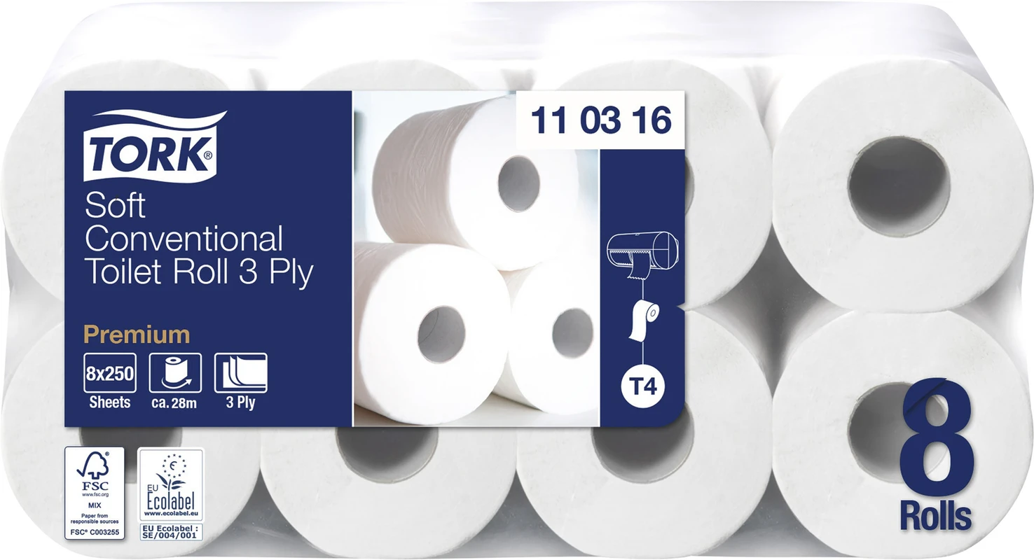 TORK® Premium Kleinrollen Toilettenpapier extra weich  Karton 9 x 8 Rollen 27,5 m, 3-lagig, 11 x 9,4 cm, weich, geprägt, weiß