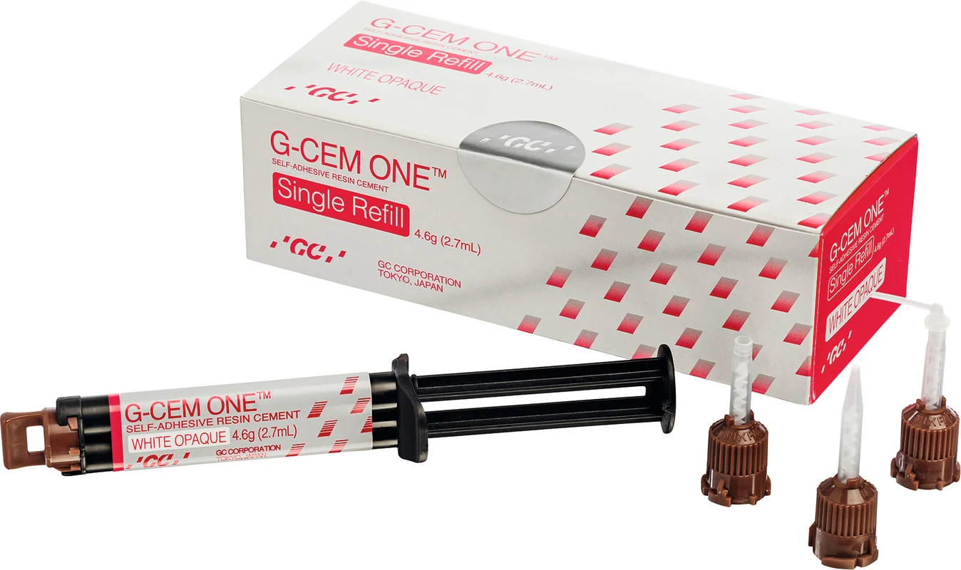 GC G-CEM ONE™ Nachfüllpackung Single 4,6 g Spritze white opaque, 8 GC Automix Tips regular, 2 GC Automix Endo Tips