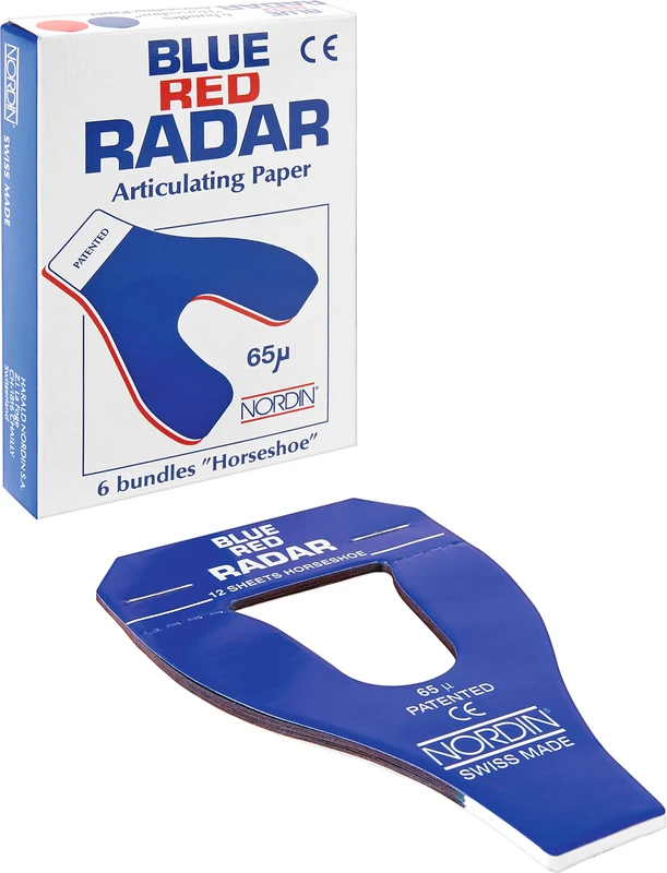 RADAR Artikulationspapier Packung 6 x 12 Stück Blue/Red, 65 micron, Hufeisen