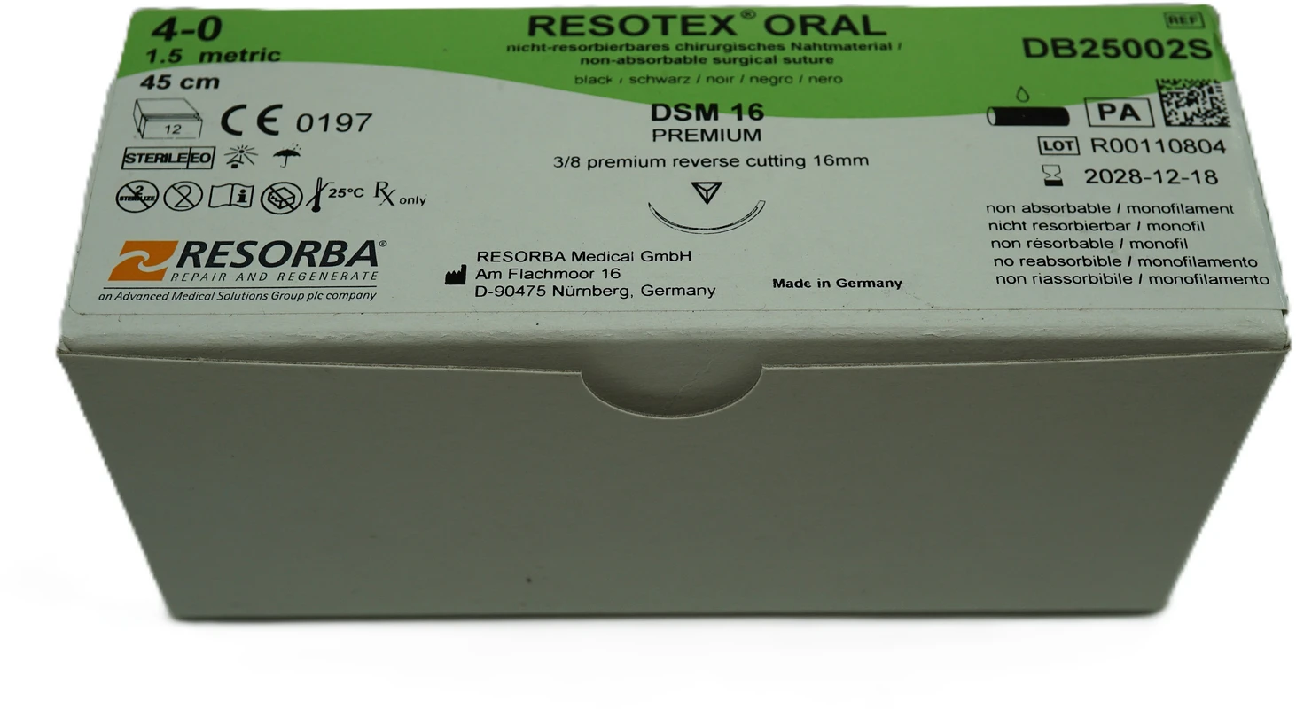 Resotex® Oral Packung 12 Stück schwarz, 45 cm, DSM16, 3/8 Kreis, außen schneidend, 16 mm, USP 4/0