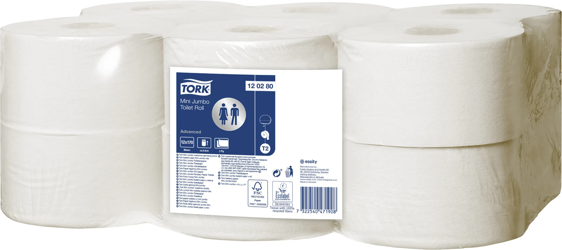 TORK® Mini Jumbo Toilettenpapier Packung 12 Stück Advanced, 2-lagig, weiß