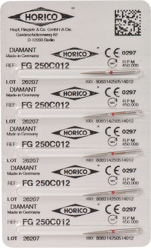 Diamantschleifer 250 Packung 5 Stück rot fein, FG, Figur 250, 10 mm, ISO 012