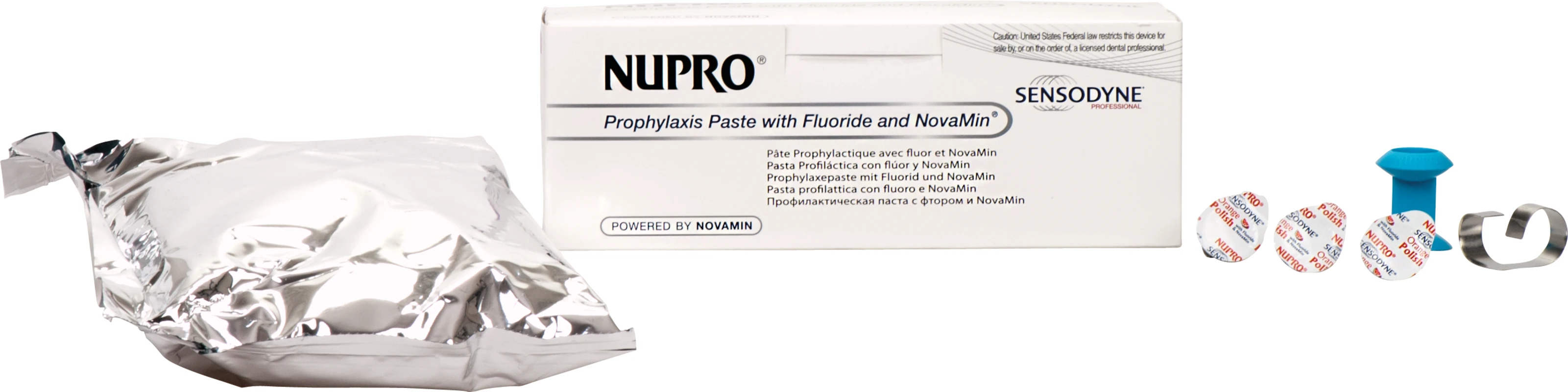 NUPRO® mit NovaMin® Packung 175 x 1,4 g Single Dose Orange mit Fluorid, 1 Prophy Grip, 1 Prophy Ring