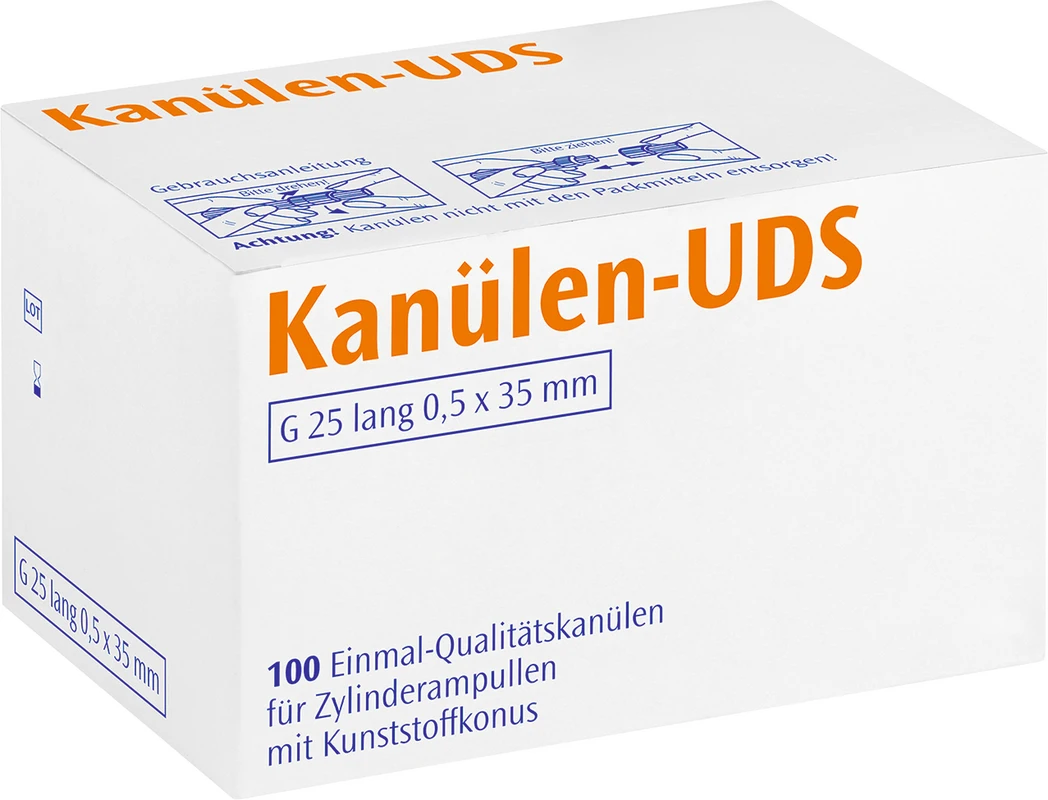 UDS Kanülen Packung 100 Stück orange G25 lang, 0,5 x 35 mm, Kappe orange