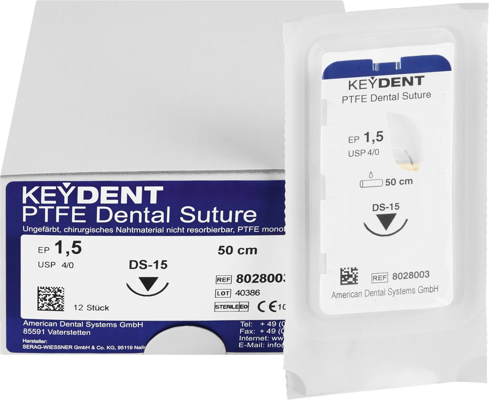 KEYDENT PTFE Packung 12 Stück 50 cm, Edelstahl, DS-15, USP 4/0