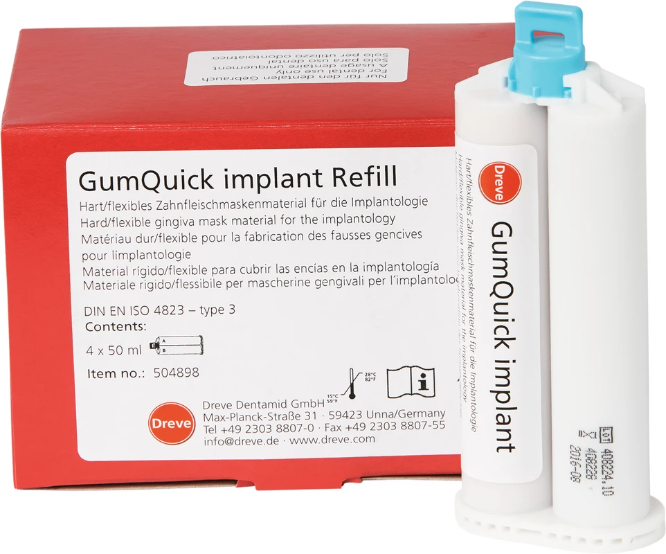 GumQuick implant Nachfüllpackung 4 x 50 ml Doppelkartusche, 12 Mischkanülen, 10 ml Duosep GumQuick implant Dreve Dentamid