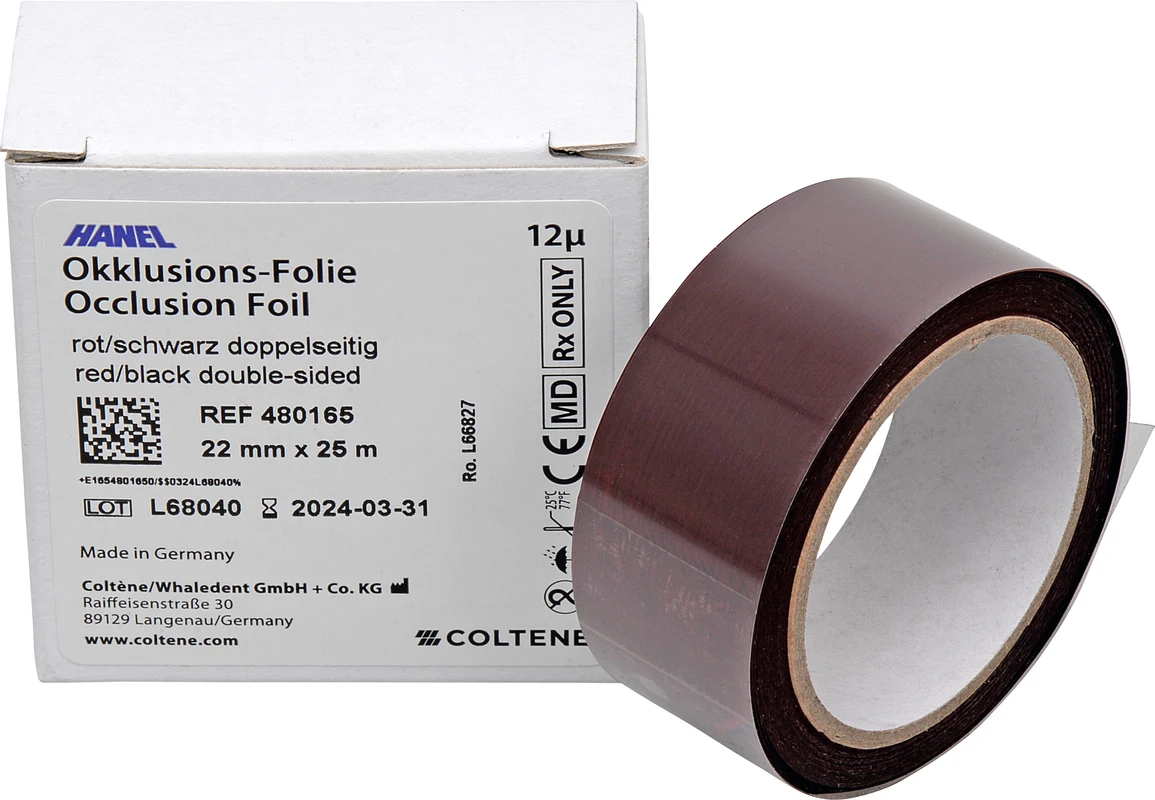 HANEL Occlusions-Folie, doppelseitig 12 µm Rolle 25 m rot/schwarz, 22 mm breit