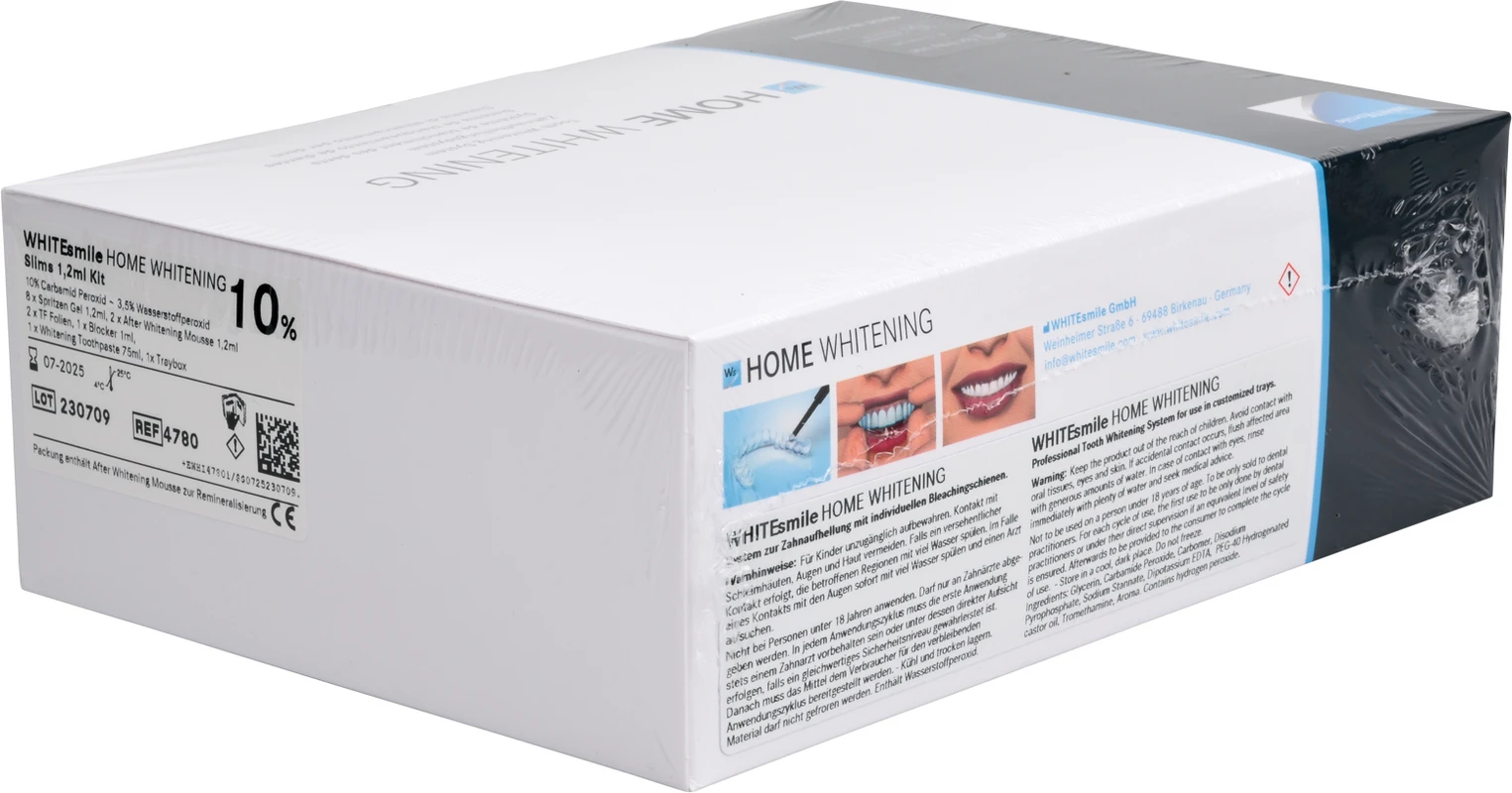 HOME WHITENING Slim Kit 8 x 1,2 ml Zahnaufhellungsgel 10 % CP, 2 x 1,2 ml After Whitening Mousse, Zubehör HOME WHITENING Slim Kit 8 x 1,2 ml Zahnaufhellungsgel 10 % CP, 2 x 1,2 ml After Whitening Mousse, Zubehör