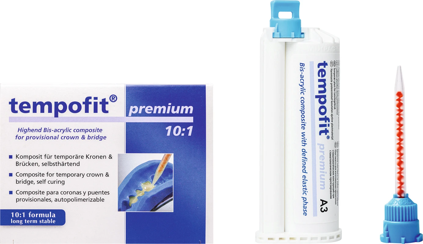 tempofit® premium Standardpackung 50 ml Doppelkartusche A3, 10 Mischkanülen blau