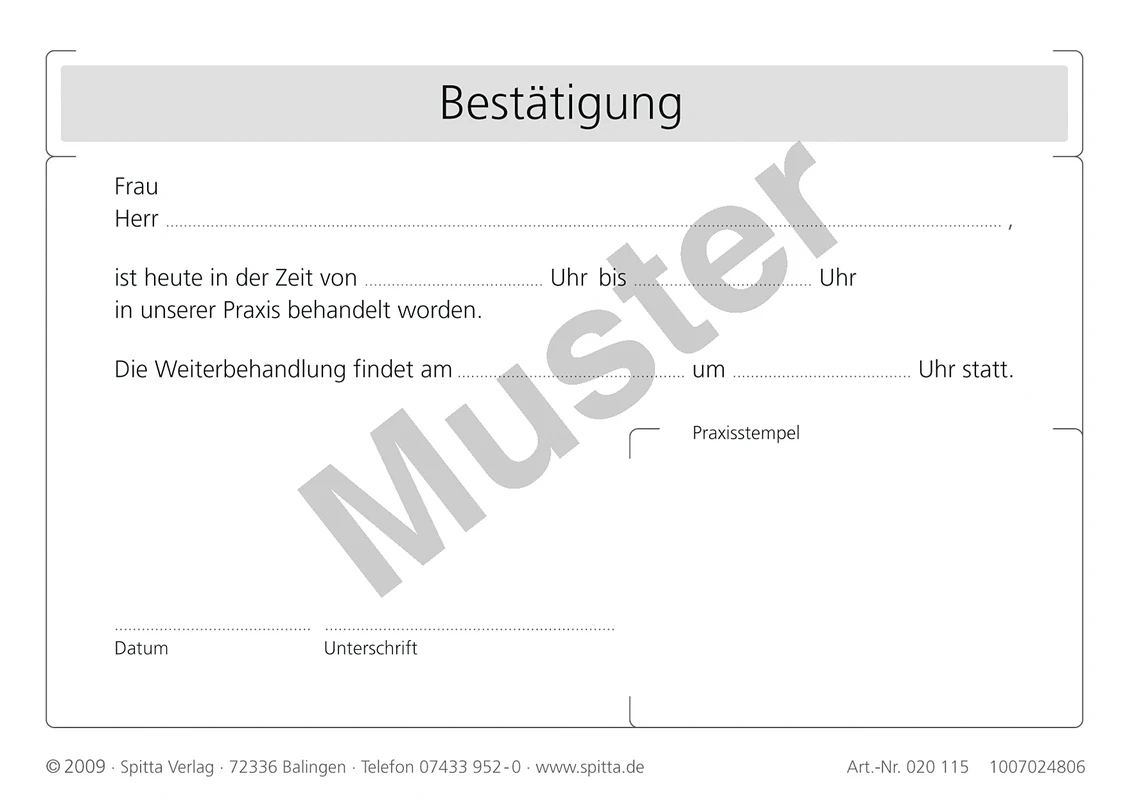 Bestätigung einer Behandlung Stück 100 Blatt