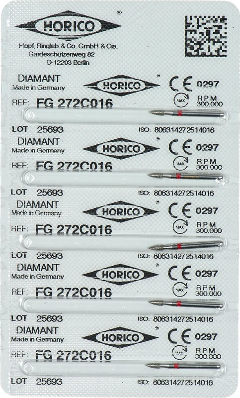 Diamantschleifer 272 Packung 5 Stück rot fein, FG, Figur 272, 3,5 mm, ISO 016