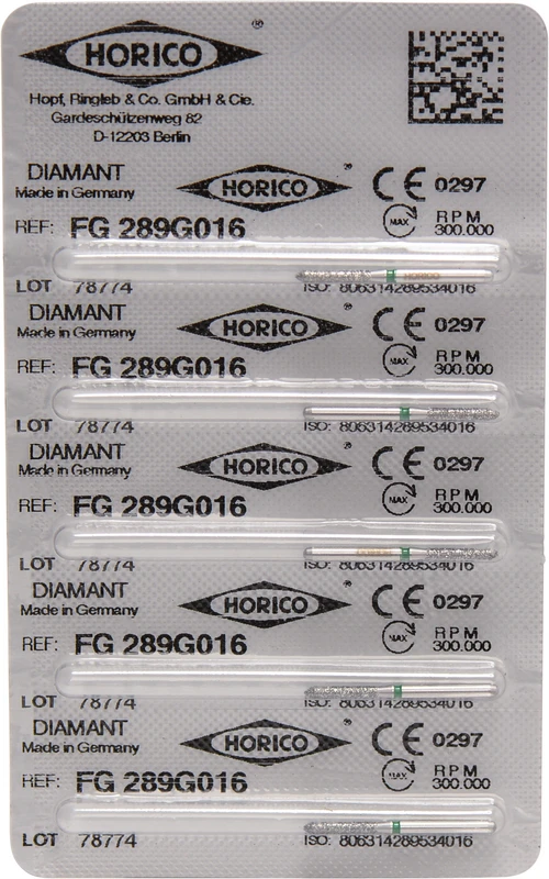 Diamantschleifer 289 Packung 5 Stück grün grob, FG, Figur 289, 8 mm, ISO 016