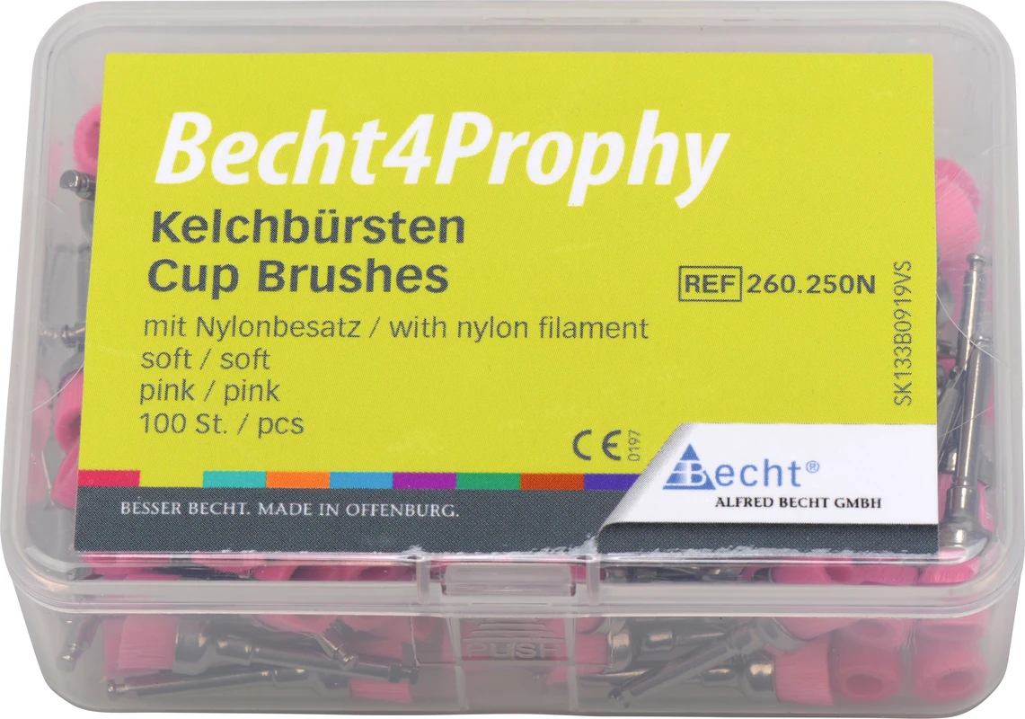 Becht4 Prophy Kelchbürsten Box 100 Stück pink soft, mit Nylonbesatz, RA