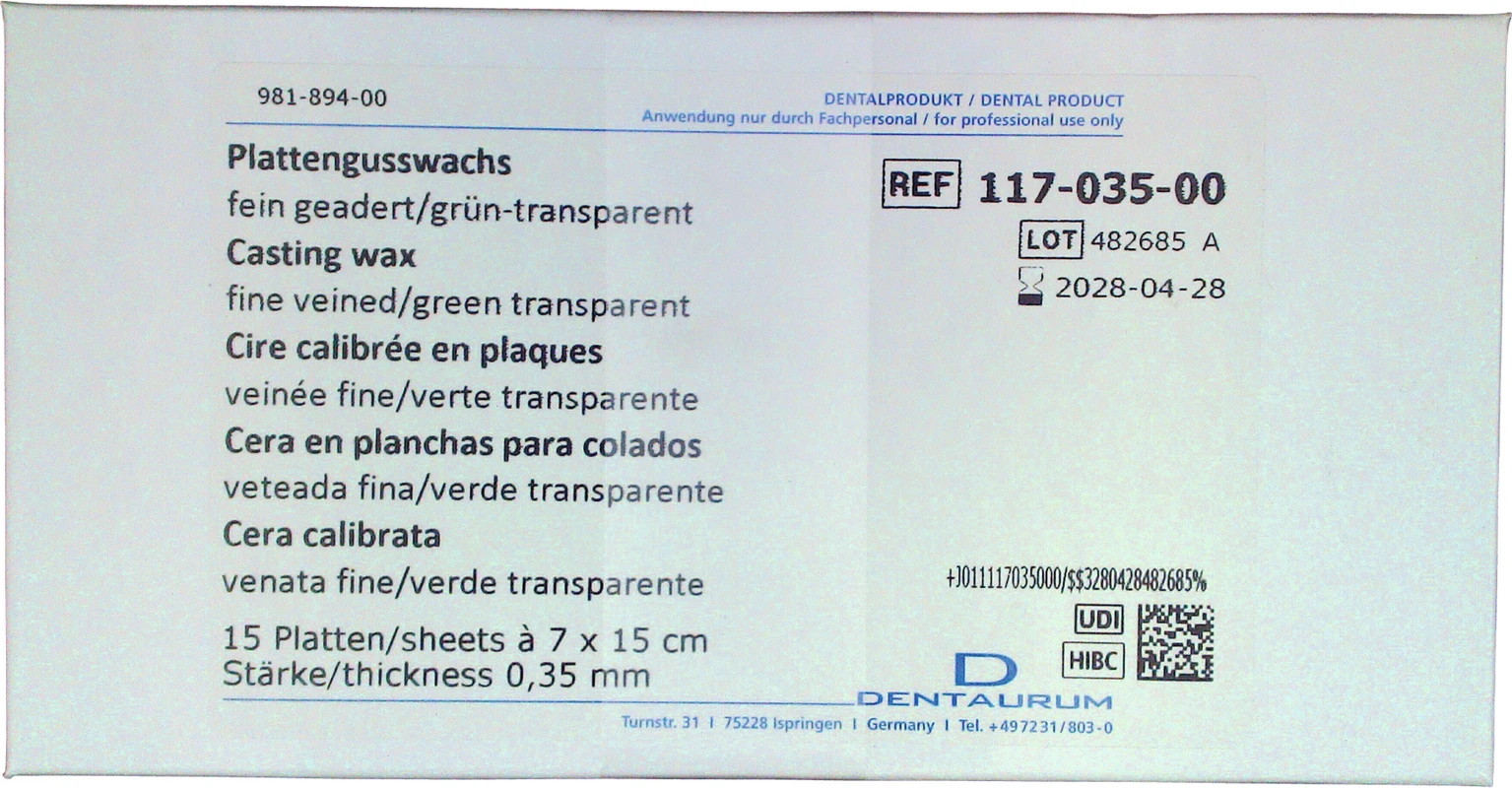 Plattenwachs Packung 15 Stück Standard, grün, fein geadert, 0,35 mm