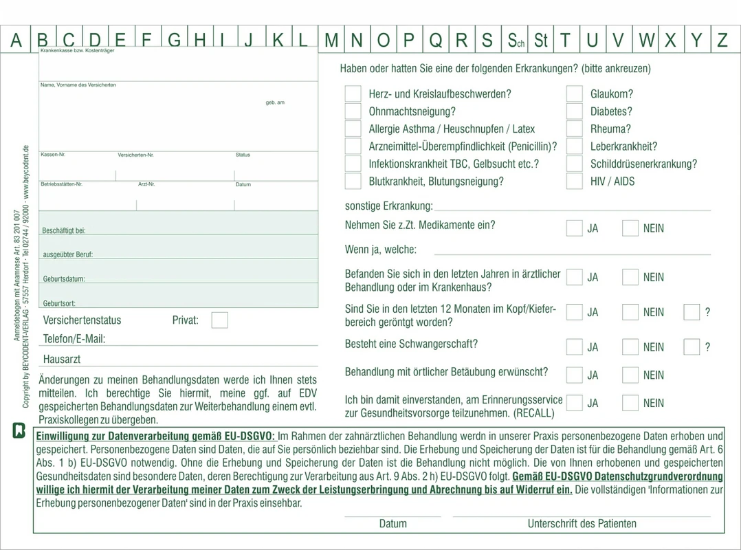 Anmeldebogen-Anamnesebogen A5 Stück 100 Blatt