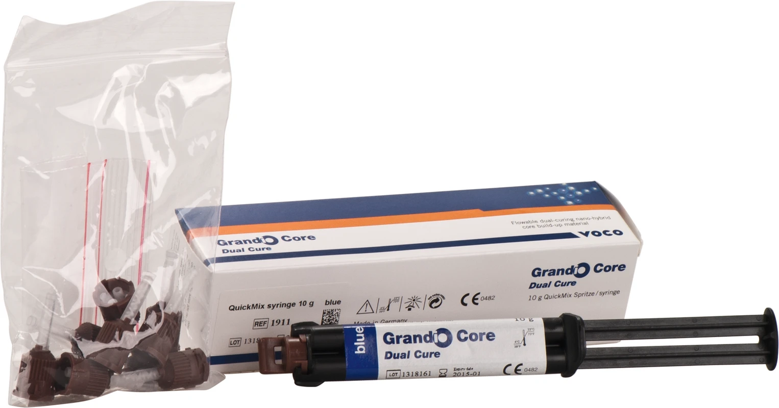 Grandio Core Dual Cure Packung 10 g QuickMix Spritze blau, Mischkanülen Typ 11, Aufsätze Typ 4