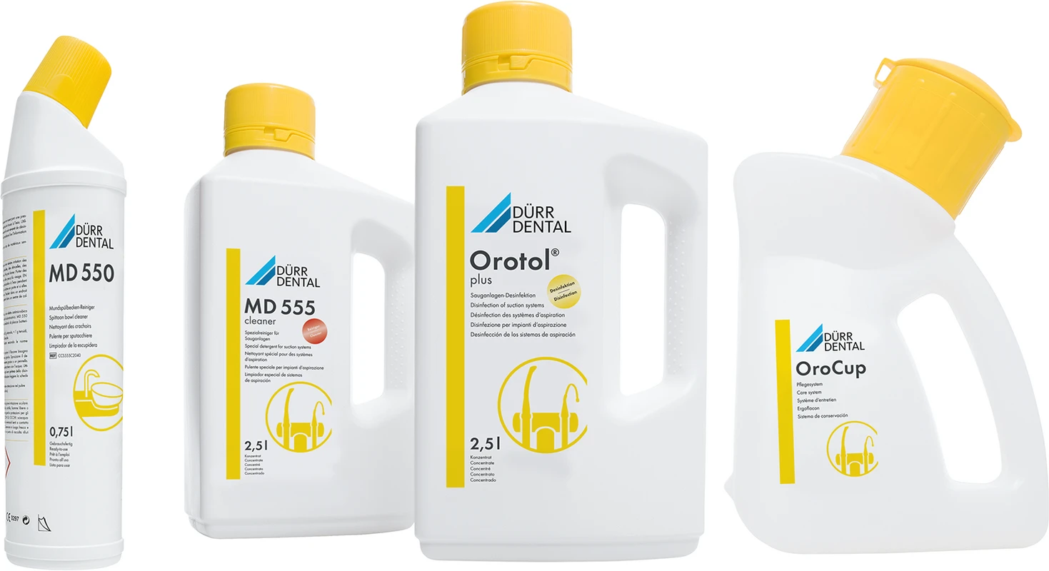 Orotol® plus Sauganlagen-Desinfektion Basis-Set 2,5 Liter Orotol Plus, 2,5 Liter Flasche MD 555 cleaner, 750 ml MD 550, 1 Orocup