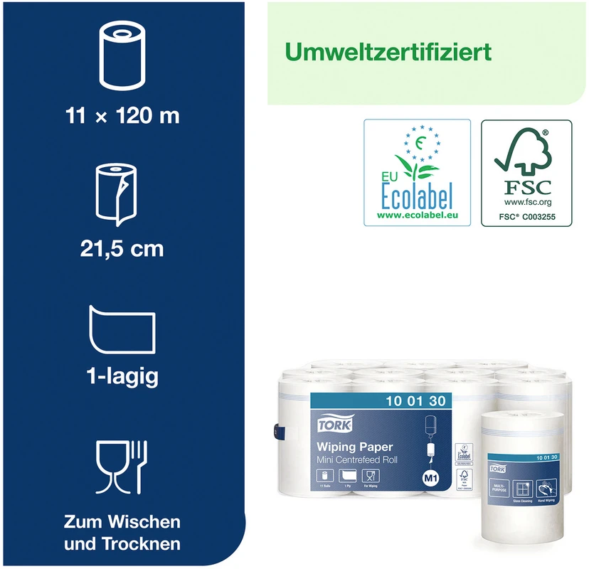 TORK® Mehrzweck Papierwischtücher M1/M2 System Karton 11 Stück MINI 1-lagig, 120 m x 21,5 cm