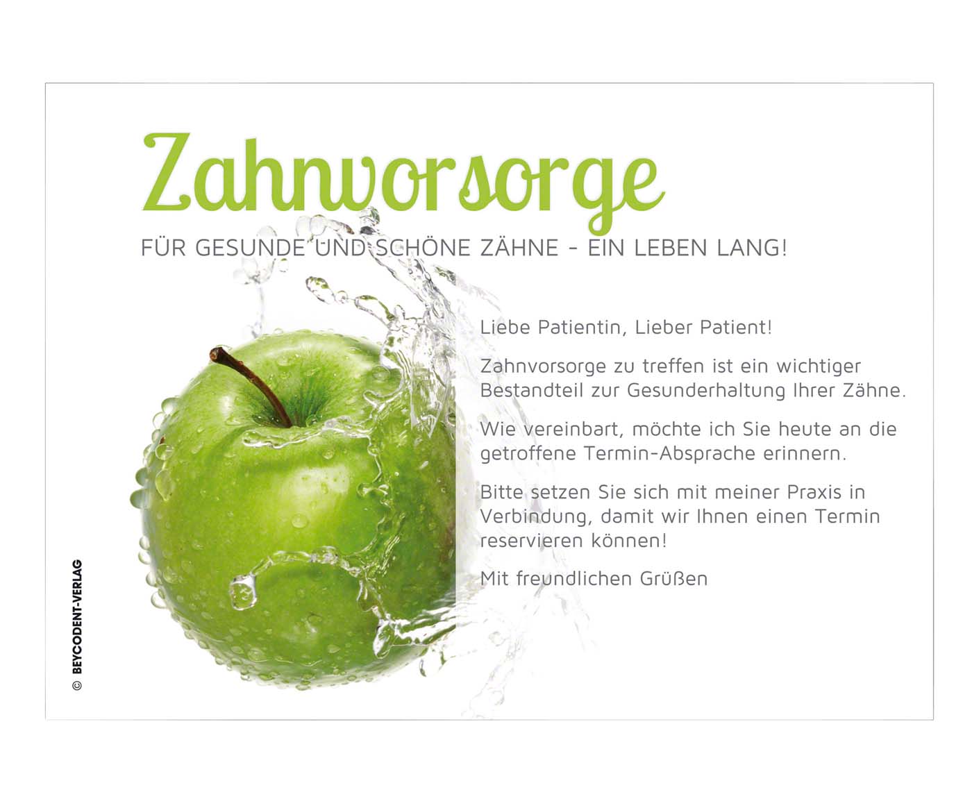 Zahnvorsorge-Karte Packung 100 Stück DIN A6, Äpfel Zahnvorsorge-Karte Beycodent
