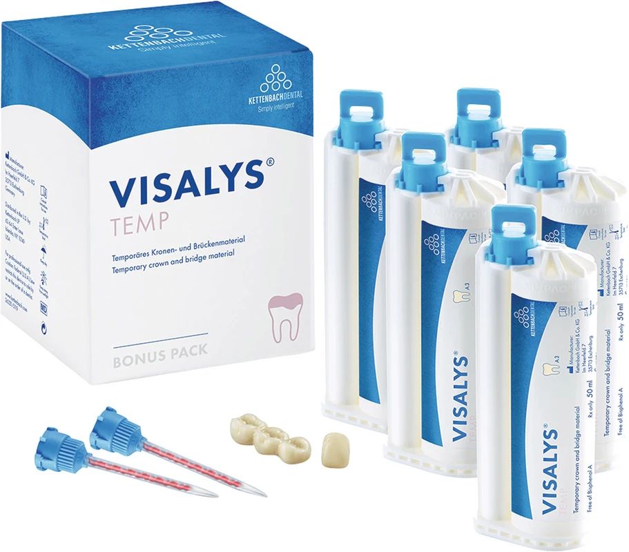 Visalys® Temp Bonus pack 5 x 50 ml Kartusche A3, 15 Mischkanülen blau-orange Visalys® Temp Kettenbach Dental