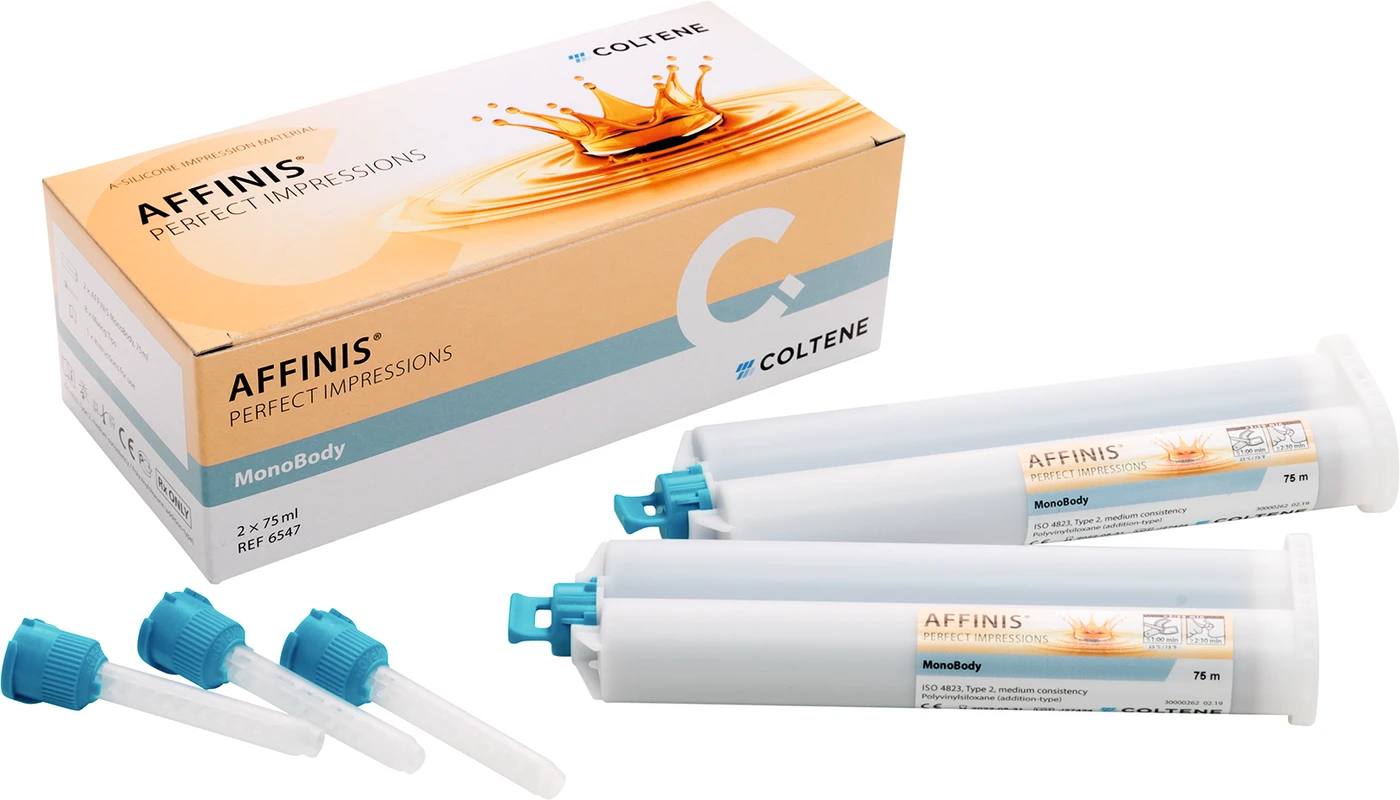 AFFINIS® System 75 Packung 2 x 75 ml Doppelkartusche MonoBody, 8 Mixing Tips türkis/groß Sockelplatte für Zeiser® Baumann Dental