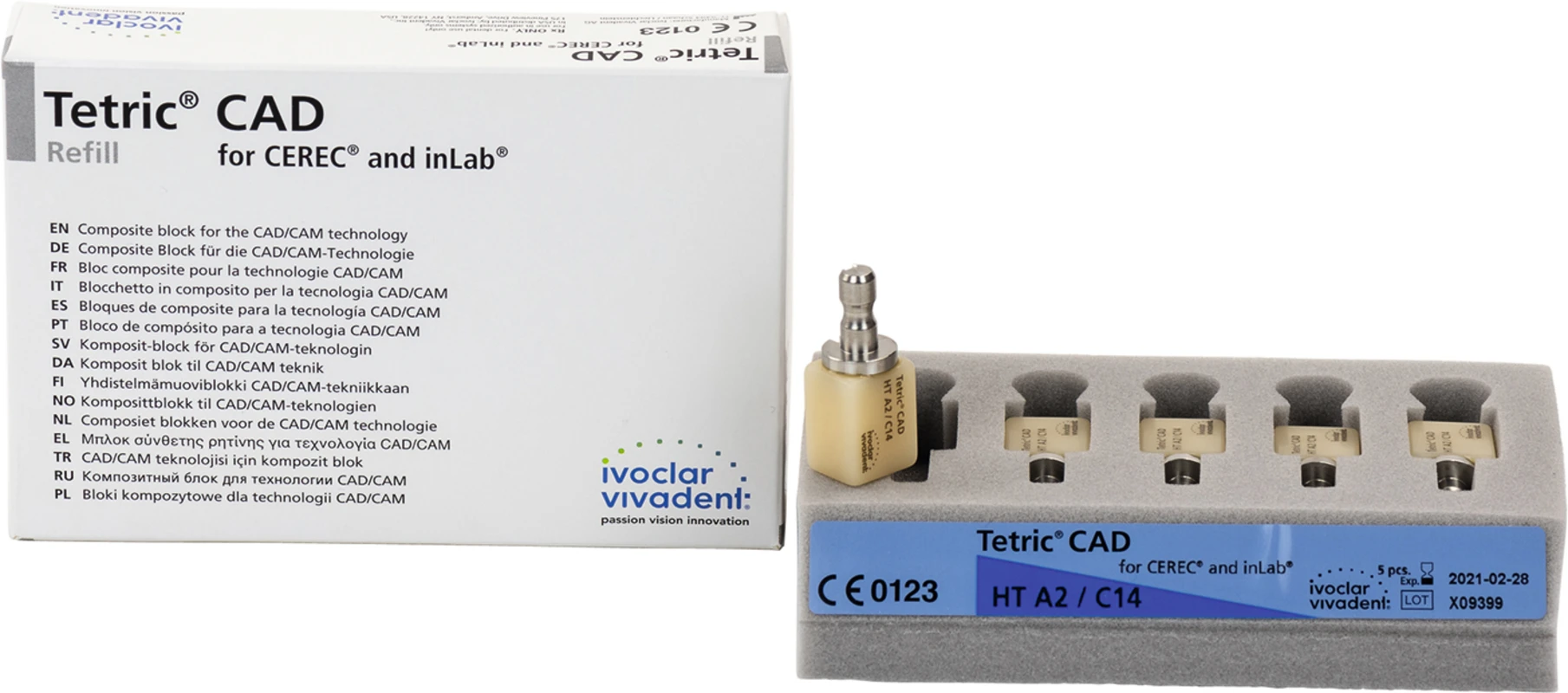 Tetric® CAD for CEREC/inLab Packung 5 Blöcke Größe C14, A2 HT