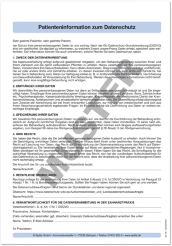 Patienteninformation zum Datenschutz Stück 100 Blatt deutsch Patienteninformation zum Datenschutz Spitta Verlag