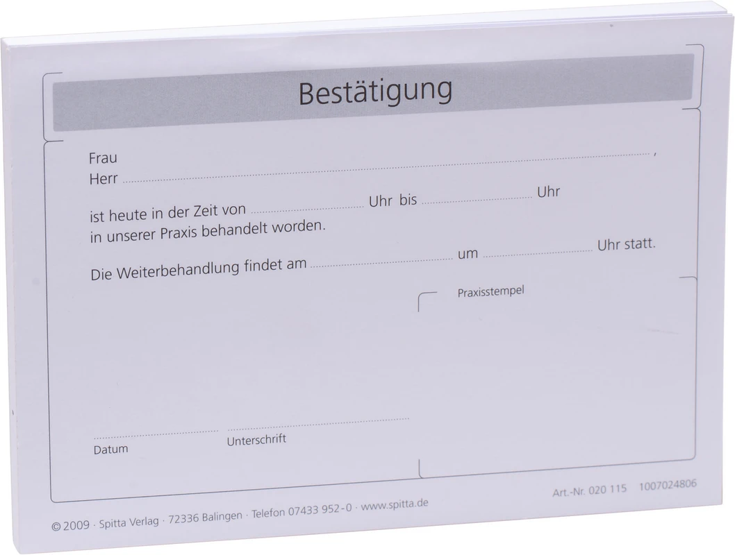 Bestätigung einer Behandlung Stück 100 Blatt Formulare Spitta Verlag