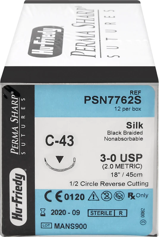 Perma Sharp™ Seide Packung 12 Stück schwarz, 45 cm, C-43, 1/2 Kreis, schneidend, Rückstisch, 16,2 mm, USP 3/0