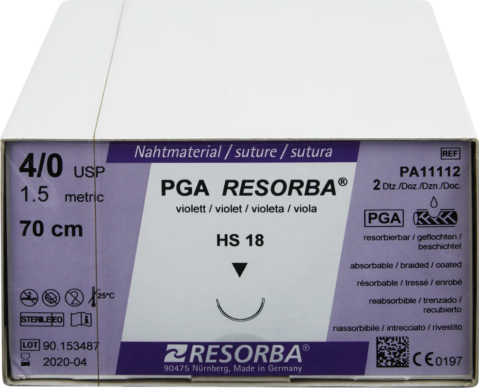 RESORBA® PGA Packung 24 Stück violett, 70 cm, HS18, 1/2 Kreis, außen schneidend, 18 mm, USP 4/0