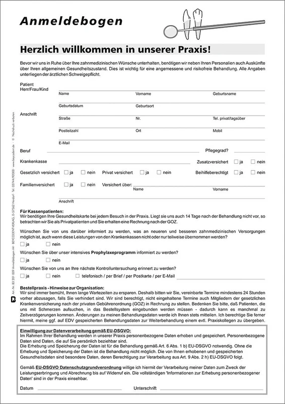 Anmeldebogen Anamnesebogen Stück 100 Blatt