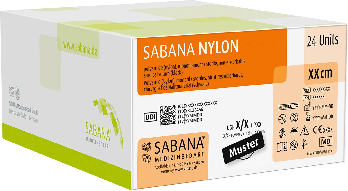 SABANA NYLON Packung 24 Stück schwarz, 45 cm, HR-12, 1/2 Kreis, Rundkörper, 12 mm, USP 6/0