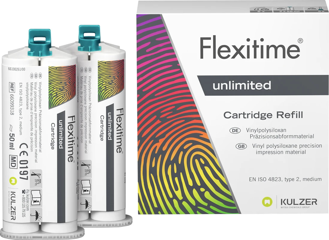 Flexitime® unlimited Refillpackung 2 x 50 ml Kartusche, 5 Mixing Tips, 6 Intraoral Tips, 1 Gebrauchsinformation